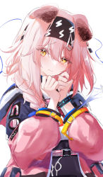 Rule 34 | 1girl, animal ears, arknights, belt, black hairband, black skirt, bracelet, braid, cat ears, closed mouth, duplicate, floating, floating object, goldenglow (arknights), hairband, high-waist skirt, highres, infection monitor (arknights), jewelry, lightning bolt print, liu liu, long hair, long sleeves, looking at viewer, own hands together, pink hair, pixel-perfect duplicate, scissors, side braid, simple background, skirt, solo, tearing up, tears, upper body, white background, yellow eyes