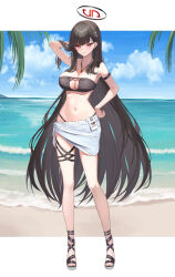 Rule 34 | 1girl, absurdres, andamiro, arm strap, arm up, bare shoulders, beach, bikini, black bikini, black hair, blue archive, blush, breasts, day, full body, hair ornament, halo, hand in own hair, hand on own hip, highres, jewelry, korean commentary, large breasts, long hair, looking at viewer, navel, necklace, ocean, outdoors, parted lips, red eyes, rio (blue archive), smile, solo, standing, stomach, swimsuit, thigh strap, toes, water