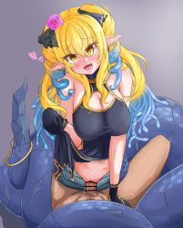 Rule 34 | 1boy, 1girl, :d, arm support, assertive female, bar censor, bare shoulders, black gloves, blonde hair, blue hair, blush, breasts, censored, cleavage, cowgirl position, earrings, femdom, flower, girl on top, gloves, gradient hair, hair flower, hair ornament, hana yamakiri, heart, heart-shaped pupils, hetero, highres, jewelry, lamia, large breasts, lifted by self, looking at viewer, medusa (monster girl encyclopedia), monster girl, monster girl encyclopedia, multicolored hair, navel, open mouth, penis, pointy ears, pov, sex, smile, snake bondage, snake hair, straddling, sweat, symbol-shaped pupils, two-tone hair, vaginal, veins, veiny penis