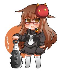 Rule 34 | 1girl, black sailor collar, black serafuku, black shirt, black skirt, blush, brown background, brown eyes, brown hair, chibi, club, club (weapon), commentary request, crescent, crescent pin, full body, glasses, gurageida, hair between eyes, highres, kanabou, kantai collection, long hair, long sleeves, looking at viewer, mask, mask on head, mochizuki (kancolle), neckerchief, no shoes, oni mask, open mouth, pleated skirt, red-framed eyewear, sailor collar, school uniform, serafuku, shirt, skirt, solo, spiked club, standing, thighhighs, two-tone background, very long hair, weapon, white background, white neckerchief, white thighhighs