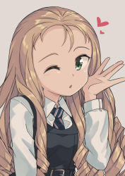 Rule 34 | 1girl, ;o, aoi kujira, bc freedom school uniform, black dress, blonde hair, blue necktie, commentary, diagonal-striped clothes, diagonal-striped necktie, diagonal-striped neckwear, dress, dress shirt, girls und panzer, green eyes, grey background, heart, long hair, long sleeves, looking at viewer, marie (girls und panzer), multicolored necktie, necktie, one eye closed, pinafore dress, red necktie, school uniform, shirt, simple background, sleeveless, sleeveless dress, solo, striped clothes, striped necktie, striped neckwear, upper body, white shirt, wing collar