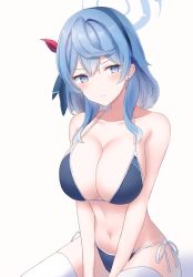 Rule 34 | 1girl, absurdres, ako (blue archive), bikini, blue archive, blue eyes, blue hair, blue hairband, blush, breasts, cleavage, earrings, hair between eyes, hair ornament, hairband, halo, highres, jewelry, kousi sirazawa, large breasts, long hair, looking at viewer, navel, simple background, swimsuit, thighhighs