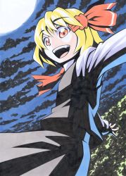 Rule 34 | 1girl, :d, blonde hair, female focus, hair ribbon, kawachi koorogi, looking at viewer, marker (medium), moon, open mouth, outstretched arms, red eyes, ribbon, rumia, short hair, skirt, skirt set, smile, solo, spread arms, touhou, traditional media