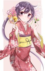 Rule 34 | &gt;:), 10s, 1girl, absurdres, akebono (kancolle), alternate costume, bell, blush, commentary request, floral print, flower, hagoita, hair bell, hair flower, hair ornament, hamaken. (novelize), hanetsuki, highres, japanese clothes, jingle bell, kantai collection, kimono, long hair, open mouth, paddle, pink background, purple eyes, purple hair, red kimono, side ponytail, smile, solo, two-tone background, v-shaped eyebrows, very long hair, white background, yukata