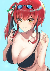 Rule 34 | 1girl, aqua background, artist request, azur lane, bikini, black bikini, breasts, goggles, goggles on head, highres, italian flag, large breasts, lifting own clothes, looking at viewer, multi-strapped bikini, multiple straps, o-ring, o-ring bikini, red hair, side ponytail, solo, strap lift, swimsuit, upper body, yellow eyes, zara (azur lane), zara (poolside coincidence) (azur lane)