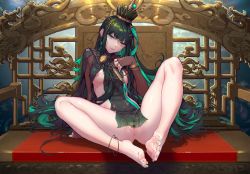 Rule 34 | 1girl, anklet, barefoot, black hair, bottomless, bracelet, breast slip, breasts, breasts apart, censored, crown, feet, green eyes, green hair, highres, jewelry, long hair, looking at viewer, mosaic censoring, multicolored hair, nail polish, nipples, no bra, no panties, punishing: gray raven, pussy, pussy peek, qu (punishing: gray raven), soles, solo, thighs, toenail polish, toenails, toes, two-tone hair
