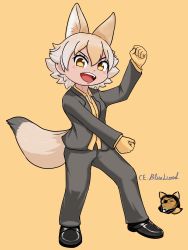 Rule 34 | absurdres, animal ears, black jacket, blonde hair, ce bluelizard, coyopotato, coyote, coyote (kemono friends), wolf ears, wolf tail, gloves, highres, jacket, kemono friends, kemono friends v project, necktie, shirt, shoes, short hair, skirt, smile, tail, virtual youtuber, white shirt, yellow eyes, yellow gloves