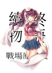 Rule 34 | 1girl, alternate costume, alternate hairstyle, arm up, bakemonogatari, blue eyes, blue skirt, blush, breasts, collarbone, commentary, crop top, cropped legs, crossed legs, eyelashes, hand on own head, highres, kerriekms, long hair, long sleeves, looking at viewer, medium breasts, midriff, monogatari (series), navel, open hand, open mouth, pleated skirt, purple hair, red shirt, scarf, senjougahara hitagi, shadow, shiny skin, shirt, sidelocks, simple background, skirt, solo, translation request, twintails, white background, white scarf