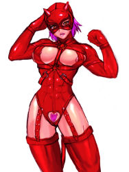 Rule 34 | 1girl, abs, areola slip, bodysuit, boots, breasts, bursting breasts, bush slip, clothing cutout, colored pubic hair, crotch cutout, demon tail, evil rose, female pubic hair, garter straps, harness, heart, heart cutout, horns, latex, lips, luchadora, mask, pink hair, pubic hair, red eyes, rumble roses, short hair, solo, tail, thigh boots, thighhighs, unaligned breasts, zero hime, zerohime