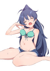 Rule 34 | 1girl, absurdres, antenna hair, bare arms, bare legs, bare shoulders, barefoot, bikini, bikini top only, black hair, breasts, commentary request, denim, denim shorts, closed eyes, fang, ganaha hibiki, groin, highres, idolmaster, idolmaster (classic), kyou (kyo u), long hair, medium breasts, navel, open mouth, ponytail, short shorts, shorts, sitting, solo, sweat, swimsuit, wariza, white background
