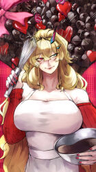Rule 34 | 1girl, absurdres, apron, averting eyes, barghest (fate), barghest (like a lady) (fate), blonde hair, blue eyes, blush, bowl, breasts, candy, chocolate, chocolate heart, closed mouth, collarbone, cowboy shot, fate/grand order, fate (series), food, gumi (the eye of darkness), hairband, hand up, heart, heterochromia, highres, holding, holding bowl, holding whisk, huge breasts, long hair, long sleeves, off-shoulder sweater, off shoulder, official alternate costume, pink lips, red eyes, red nails, red sweater, smile, solo, sweater, valentine, whisk, white apron