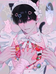 Rule 34 | 1boy, 1other, animal ears, apron, bandaid, bandaid on neck, black eyes, black hair, blush, cat, cat boy, cat ears, cat tail, charm (object), collar, colorful, crossdressing, dress, embarrassed, frilled apron, frilled collar, frills, frown, grabbing, gyuing666, head tilt, heart pin, highres, looking at viewer, maid, maid headdress, male focus, male maid, multiple hairpins, open clothes, open shirt, original, parted lips, pink dress, pov, pov hands, ribbon, sanpaku, short hair, star pin, tail, upper body, white ribbon