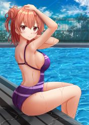 Rule 34 | 1girl, arm up, ass, bare legs, blush, breasts, casual one-piece swimsuit, closed mouth, day, fence, from side, hair bun, hands on own head, highres, kazenokaze, large breasts, light rays, looking at viewer, looking to the side, o-ring, o-ring swimsuit, one-piece swimsuit, outdoors, pool, poolside, purple one-piece swimsuit, red eyes, red hair, short hair, side bun, sideboob, single hair bun, single side bun, smile, soaking feet, solo, strap gap, sunbeam, sunlight, swimsuit, thighs, water, yahari ore no seishun lovecome wa machigatteiru., yuigahama yui