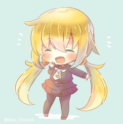 Rule 34 | 1girl, :d, ^ ^, black pantyhose, black sailor collar, black serafuku, black shirt, black skirt, blonde hair, blush, brown footwear, chibi, closed eyes, commentary request, crescent, crescent pin, facing viewer, fang, full body, green background, hair between eyes, hand up, kantai collection, kou hiyoyo, long hair, long sleeves, low twintails, neckerchief, open mouth, pantyhose, pleated skirt, sailor collar, satsuki (kancolle), school uniform, serafuku, shirt, skirt, smile, solo, standing, twintails, twitter username, very long hair, white neckerchief