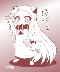 Rule 34 | 10s, 1girl, abyssal ship, barefoot, carrot, commentary request, covered mouth, dress, gradient background, horns, kantai collection, long hair, mittens, monochrome, northern ocean princess, sleeveless, sleeveless dress, solo, translation request, yamato nadeshiko