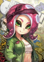 Rule 34 | 1girl, :q, bandana, bra, breasts, commentary request, green eyes, green jacket, hands in pockets, highres, jacket, kousaku, looking at viewer, medium breasts, navel, nintendo, octoling, octoling girl, octoling player character, open clothes, open jacket, outie navel, pink hair, pointy ears, short hair, smile, solo, splatoon (series), splatoon 2, sports bra, suction cups, tentacles, tongue, tongue out, underwear, upper body, white bra