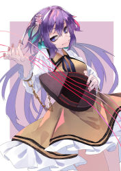 Rule 34 | 1girl, absurdres, biwa lute, chain, closed mouth, collared dress, commentary, cowboy shot, dress, flower, frilled dress, frills, hair between eyes, hair flower, hair ornament, half-closed eyes, hands up, head tilt, highres, holding, holding instrument, instrument, leaf hair ornament, light purple hair, long hair, long sleeves, looking to the side, lute (instrument), muraryo, neck ribbon, outstretched hand, purple hair, rectangle, ribbon, sidelocks, sideways glance, sleeveless, sleeveless dress, smile, solo, string, touhou, tsukumo benben, twintails, white background, yellow dress