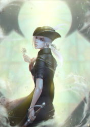 Rule 34 | 1girl, ascot, blonde hair, bloodborne, blue eyes, cape, coat, flower, gloves, hat, hat feather, highres, holding, lady maria of the astral clocktower, long hair, looking at viewer, ponytail, rakuyo (bloodborne), simple background, solo, sword, the old hunters, tricorne, wang62942726, weapon, white hair