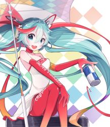 Rule 34 | 1girl, :d, aqua eyes, aqua hair, checkered background, chuuko anpu, elbow gloves, gloves, goodsmile company, goodsmile racing, hatsune miku, highres, long hair, looking at viewer, md5 mismatch, open mouth, orange gloves, orange pantyhose, pantyhose, race queen, racing miku, racing miku (2016), resolution mismatch, sitting, smile, solo, source larger, twintails, umbrella, very long hair, vocaloid