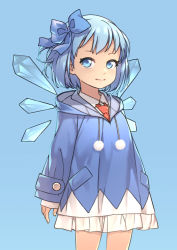 Rule 34 | 1girl, adapted costume, alternate costume, blue bow, blue eyes, blue hair, blue hoodie, blue theme, blvefo9, bow, cirno, closed mouth, commentary, cowboy shot, hair bow, hood, hoodie, ice, ice wings, light smile, long sleeves, looking at viewer, necktie, pom pom (clothes), red necktie, revision, shirt, short hair, simple background, solo, touhou, white shirt, wings