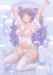 Rule 34 | 1girl, ;o, arms up, blurry, blurry foreground, breasts, cleavage, commentary request, crescent, crescent hair ornament, crown, depth of field, fang, frilled thighhighs, frills, green eyes, hair ornament, highres, lingerie, long hair, looking at viewer, medium breasts, mini crown, miyako (xxxbibit), navel, no shoes, one eye closed, open mouth, original, panties, puffy short sleeves, puffy sleeves, purple hair, see-through, see-through sleeves, short sleeves, solo, thighhighs, two side up, underwear, very long hair, white panties, white thighhighs