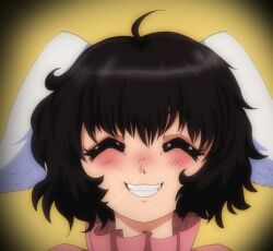Rule 34 | 1990s (style), 1girl, ahoge, animal ears, black hair, blush, closed eyes, commentary, english commentary, floppy ears, grin, inaba tewi, pink shirt, portrait, rabbit ears, rabbit girl, retro artstyle, shirt, short hair, smile, solo, sparkle, step arts, touhou, wavy hair, yellow background