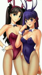 Rule 34 | 2girls, :d, alternate costume, animal ears, artist request, bare arms, bare shoulders, black bow, black legwear, black ribbon, blue leotard, bow, bowtie, breasts, brown hair, rabbit ears, cleavage, clenched hands, collarbone, detached collar, fake animal ears, fate/stay night, fate (series), female focus, fishnet pantyhose, fishnets, hair ornament, hand on own hip, happy, large breasts, leotard, long hair, looking at viewer, matou sakura, multiple girls, open mouth, pantyhose, playboy bunny, purple bow, purple eyes, purple hair, red leotard, red ribbon, ribbon, siblings, simple background, sisters, small breasts, smile, standing, strapless, strapless leotard, tohsaka rin, two side up, type-moon, white background, wrist cuffs