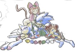 Rule 34 | 1boy, 3girls, :t, animal nose, bat girl, bat wings, blue eyes, blue footwear, blue fur, blue gemstone, blue hair, blue vest, body fur, boots, bottomless, breasts, brown fur, brown hair, cat girl, cat tail, chaos emerald, cleft of venus, closed mouth, couch, cropped vest, elbow gloves, erection, eyeshadow, furry, furry female, furry male, furry with non-furry, gem, gloves, green eyes, green gemstone, hair intakes, half-closed eyes, hand on another&#039;s chest, hand on another&#039;s head, hand on own knee, hand up, happy, head rest, heart, high heels, interspecies, knee boots, long hair, looking at viewer, lying, makeup, male masturbation, masturbation, medium breasts, multiple girls, nipples, nude, on couch, on side, open clothes, open vest, orange gemstone, penis, pink gemstone, pink headwear, pink shirt, puffy short sleeves, puffy sleeves, purple eyeshadow, pussy, red footwear, rockthebull, rouge the bat, sally acorn, sara (sonic), shirt, shoes, short hair, short sleeves, simple background, sitting, sketch, smile, snout, socks, sonic (series), sonic the hedgehog, sonic the hedgehog (archie comics), sonic the hedgehog (ova), spiked hair, split mouth, tail, testicles, thigh boots, two-tone fur, uncensored, vest, white background, white footwear, white fur, white gemstone, white gloves, white socks, wings, yellow fur, yellow gemstone