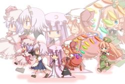 Rule 34 | 6+girls, :d, apron, beret, chibi, china dress, chinese clothes, crystal, demon wings, dress, embodiment of scarlet devil, female focus, flandre scarlet, flying, full body, hat, hong meiling, izayoi sakuya, jitome, koakuma, long hair, looking at viewer, maid headdress, multiple girls, open mouth, patchouli knowledge, puffy short sleeves, puffy sleeves, remilia scarlet, running, satsuki mei (sakuramochi), short sleeves, simple background, smile, star (symbol), touhou, very long hair, waist apron, white background, wings, zoom layer