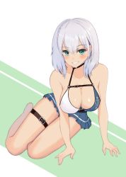 Rule 34 | 1girl, absurdres, alternate costume, bare legs, bikini, bikini skirt, blue bikini, blush, braid, breasts, cleavage, commentary, cowboy shot, eyelashes, green background, green eyes, grin, hair between eyes, highres, hololive, large breasts, legs together, looking at viewer, melow menow, mole, mole on breast, shirogane noel, shirogane noel (summer 2020), short hair, silver hair, simple background, sitting, smile, solo, swimsuit, thigh strap, thighs, two-tone bikini, virtual youtuber, white background, white bikini