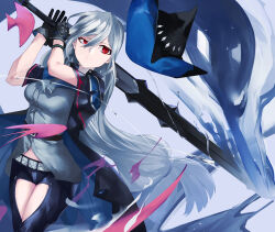 Rule 34 | 1girl, absurdres, ao oni (onioni-aoi), arknights, arms up, ascot, belt, black cloak, black gloves, black hat, black pants, blue cloak, blue hat, buttons, cloak, closed mouth, clothing cutout, commentary request, gloves, greatsword, grey ascot, grey belt, grey hair, grey shirt, hair between eyes, hat, highres, holding, holding sword, holding weapon, infection monitor (arknights), leg cutout, long hair, magic, midriff peek, o-ring, pants, partial commentary, partially unbuttoned, red eyes, shirt, sideways glance, skadi (arknights), solo, sparkle, split mouth, sword, thigh cutout, two-sided cloak, two-sided fabric, uneven eyes, unworn hat, unworn headwear, very long hair, water, weapon, witch hat