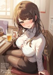 Rule 34 | 1girl, alcohol, beer, black skirt, blush, breasts, brown eyes, brown hair, brown pantyhose, button gap, buttons, cleavage, collared shirt, dress shirt, gomashio ponz, highres, large breasts, long hair, long sleeves, looking at viewer, miniskirt, mole, mole on breast, office lady, open mouth, original, pantyhose, pencil skirt, shirt, shirt tucked in, side slit, sitting, skirt, smile, solo, squeans, sweat, thighs, twisted torso, white shirt