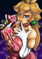 Rule 34 | 1girl, absurdres, blonde hair, blue eyes, breasts, cleavage, collar, crown, dress, earrings, egsdaisuki, elbow gloves, gloves, highres, huge breasts, jewelry, long hair, mario (series), mushroom, naughty face, nintendo, princess, princess peach, sexually suggestive, smile, solo, super mario bros. 1, tongue, tongue out, torn clothes