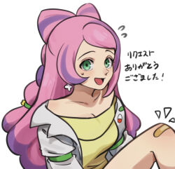 Rule 34 | 1girl, :d, bandaid, bandaid on leg, breasts, cleavage, coat, collarbone, commentary request, creatures (company), earrings, echizen (n fns17), eyelashes, flying sweatdrops, game freak, green eyes, highres, jewelry, long hair, medium breasts, miriam (pokemon), nintendo, notice lines, open clothes, open coat, open mouth, pink hair, pokemon, pokemon sv, simple background, smile, solo, sweatdrop, sweater, tongue, translation request, white background, white coat, yellow sweater