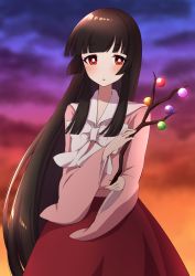 Rule 34 | 1girl, black hair, blunt bangs, branch, bright pupils, cloud, cloudy sky, commentary request, evening, highres, hime cut, houraisan kaguya, japanese clothes, jeweled branch of hourai, kimono, long hair, long sleeves, looking at viewer, outdoors, parted lips, red eyes, sidelocks, sky, solo, standing, straight hair, touhou, tsukimirin, white pupils, wide sleeves