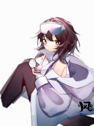 Rule 34 | 1girl, absurdres, arknights, bare shoulders, black pantyhose, brown eyes, brown hair, coat, commentary, feng yu tiankong zhu, goggles, goggles on head, highres, looking at viewer, off shoulder, pantyhose, roberta (arknights), short hair, simple background, solo, white background, white coat