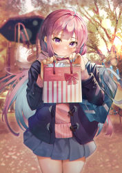 Rule 34 | 1girl, absurdres, ahoge, arms up, bag, bandaid, blue hair, blue jacket, blue nails, blue skirt, blue sweater, blurry, blurry background, blush, bow, chromatic aberration, closed mouth, colored inner hair, commentary request, cowboy shot, enpera, gift bag, giving, highres, hololive, jacket, layered clothes, long hair, long sleeves, looking at viewer, minato aqua, multicolored hair, nail polish, outdoors, playground, pleated skirt, purple eyes, purple hair, scarf, school bag, skirt, solo, streaked hair, sunset, sweater, tree, two-tone hair, uniform, virtual youtuber, yoshidadon