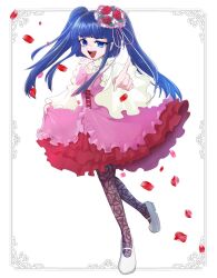 Rule 34 | 1girl, blue eyes, blue hair, blunt bangs, blunt ends, bow, choker, cross-laced clothes, dot nose, eyelashes, flat chest, floating hair, floral print, flower, frilled skirt, frills, full body, furudo erika, hair flower, hair ornament, high-waist skirt, highres, layered skirt, leaf, lolita fashion, long hair, looking at viewer, mary janes, nigu 723, open mouth, outstretched arm, pantyhose, petals, pink bow, pink headwear, pink skirt, pointing, pointing at viewer, print pantyhose, puffy sleeves, red flower, red rose, red skirt, ribbon, rose, rose petals, shoes, sidelocks, skirt, skirt hold, smile, solo, standing, teeth, twintails, umineko no naku koro ni, upper teeth only, white footwear, wide sleeves