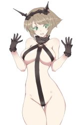 Rule 34 | 1girl, alternate costume, bare arms, bare shoulders, bdsm, black collar, blush, breasts, brown hair, collar, cowboy shot, flipped hair, gloves, glowing, glowing eyes, gluteal fold, green eyes, groin, hairband, harness, headgear, kantai collection, large breasts, looking at viewer, mutsu (kancolle), nakadori (movgnsk), open mouth, revealing clothes, short hair, simple background, skindentation, slave, smile, solo, thighs, white background