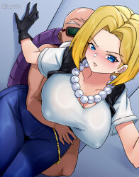Rule 34 | 1boy, 1girl, android 18, bald, bald male, blonde hair, blue eyes, blush, breasts, collarbone, covered erect nipples, denim, dragon ball, dragonball z, gloves, grabbing, grabbing from behind, highres, jeans, jewelry, jrpulse, large breasts, muten roushi, necklace, nose blush, old, old man, pants, pearl necklace, short hair, short sleeves, sunglasses, turtle shell
