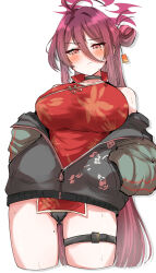 Rule 34 | 1girl, bare shoulders, black choker, black jacket, black panties, blue archive, blush, breasts, cameltoe, china dress, chinese clothes, choker, closed mouth, cropped legs, dress, hair between eyes, hair bun, halo, hands in pockets, highres, jacket, large breasts, long hair, long sleeves, looking at viewer, machismo fuji, mole, mole under eye, off shoulder, open clothes, open jacket, panties, partially unzipped, pelvic curtain, red dress, red eyes, red hair, reijo (blue archive), sidelocks, simple background, single side bun, solo, sweat, thigh strap, underwear, very long hair, white background