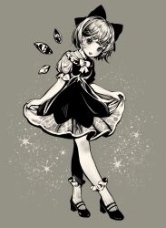 Rule 34 | 1girl, absurdres, bow, cirno, collared shirt, detached wings, dress, fairy, full body, grey background, greyscale, hair bow, highres, ice, ice wings, looking at viewer, monochrome, open mouth, puffy short sleeves, puffy sleeves, shirt, shoes, short hair, short sleeves, simple background, socks, solo, touhou, wings, xinjinjumin