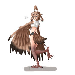 Rule 34 | 1girl, absurdres, ahoge, animal ears, bird ears, bird legs, bird tail, blue eyes, blush, breasts, brown feathers, brown hair, brown wings, commentary request, crop top, feathered wings, feathers, gradient wings, hair between eyes, harpy, highres, long bangs, long hair, monster girl, multicolored wings, nixifox215, open mouth, original, shirt, simple background, small breasts, solo, standing, standing on one leg, tail, talons, underboob, white background, white shirt, winged arms, wings