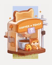Rule 34 | :3, ?, animal focus, artist name, bird, blue background, blush, blush stickers, bread, bread slice, brown eyes, cat, chick, closed mouth, coffee, coffee maker, commentary, cup, english commentary, food, full body, grass, highres, no humans, original, paper, simple background, sitting, smile, sparkle, toast, toaster, two-tone background, utility pole, white background, xin (kalijifan)