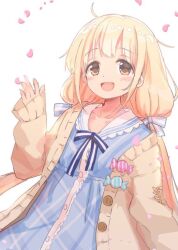 Rule 34 | 1girl, blonde hair, blue dress, blue ribbon, blush, brown cardigan, brown eyes, candy, cardigan, collarbone, dress, falling petals, food, futaba anzu, greatpengh, hair ribbon, hand up, idolmaster, idolmaster cinderella girls, idolmaster cinderella girls starlight stage, long hair, long sleeves, looking at viewer, low twintails, neck ribbon, open cardigan, open clothes, open mouth, petals, plaid, plaid dress, ribbon, simple background, sleeves past wrists, smile, solo, twintails, very long hair, white background
