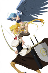 Rule 34 | 10s, 2girls, ahoge, animal ears, arrow (projectile), bad id, bad pixiv id, blonde hair, blue eyes, blue hair, blue wings, bow (weapon), breasts, centaur, centorea shianus, elbow gloves, falconry, feathered wings, gloves, harpy, horse ears, large breasts, long hair, monster girl, monster musume no iru nichijou, mr. metabo, multiple girls, navel, papi (monster musume), ponytail, quiver, sheath, sheathed, shield, short shorts, shorts, simple background, single elbow glove, small breasts, sword, talons, taur, weapon, white background, winged arms, wings, yellow eyes