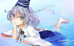 Rule 34 | 1girl, grey eyes, hand on own cheek, hand on own face, hat, hat ribbon, japanese clothes, kariginu, long hair, long sleeves, looking at viewer, mononobe no futo, nazuna akaru, partially submerged, ponytail, ribbon, ripples, shirt, silver hair, solo, touhou, water, wet, wet clothes, wide sleeves
