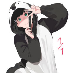 Rule 34 | 1girl, absurdres, animal costume, animal hood, black hair, closed mouth, commentary, commentary request, green eyes, hair ornament, hairclip, highres, hood, kurosawa dia, long hair, long sleeves, looking at viewer, love live!, love live! sunshine!!, mole, mole under mouth, okpriko, penguin costume, shade, sidelocks, solo, upper body, v over eye, white background
