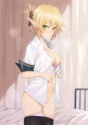 Rule 34 | 10s, 1girl, aegis (takunomi), black pantyhose, blonde hair, blush, breasts, cleavage, clothes pull, collared shirt, commentary request, convenient censoring, elf, folded ponytail, green eyes, highres, indoors, long hair, looking at viewer, navel, no bra, open clothes, open shirt, original, panties, panty pull, pantyhose, pantyhose pull, pointy ears, shirt, short sleeves, solo, standing, sweat, takunomi, underwear, undressing, white panties, white shirt