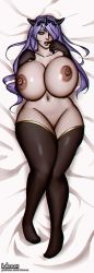 Rule 34 | 1girl, bed, black thighhighs, breasts, camilla (fire emblem), collarbone, curvy, elbow gloves, fire emblem, fire emblem fates, gloves, huge breasts, inknox, intelligent systems, lips, looking at viewer, lying, navel, nintendo, nipples, nude, on back, parted lips, pink eyes, purple hair, solo, thick thighs, thighhighs, thighs, tiara, wide hips